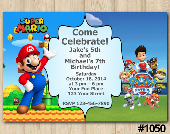 Twin Super Mario and Paw Patrol Invitation | Personalized Digital Card